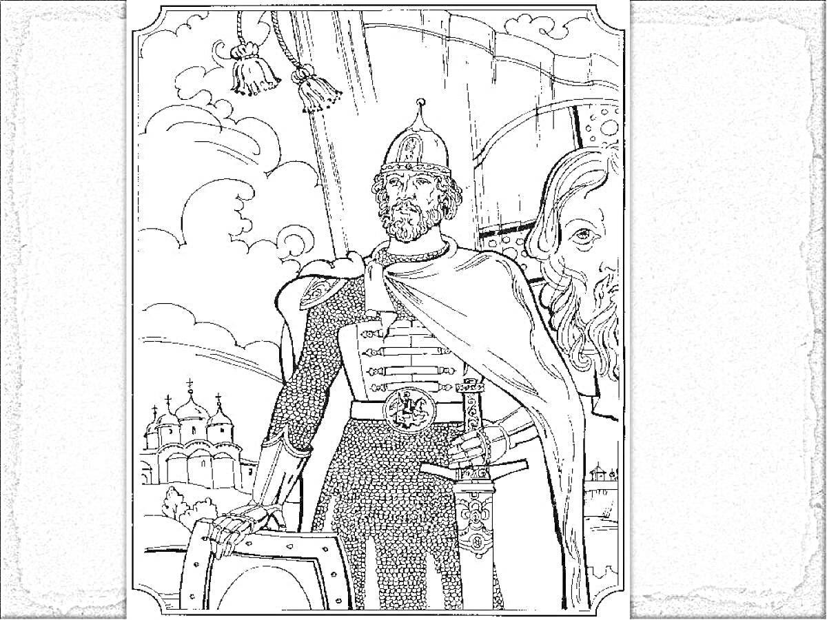 Александр Невский с мечом в руке и защитных доспехах на фоне корабля и церквей
