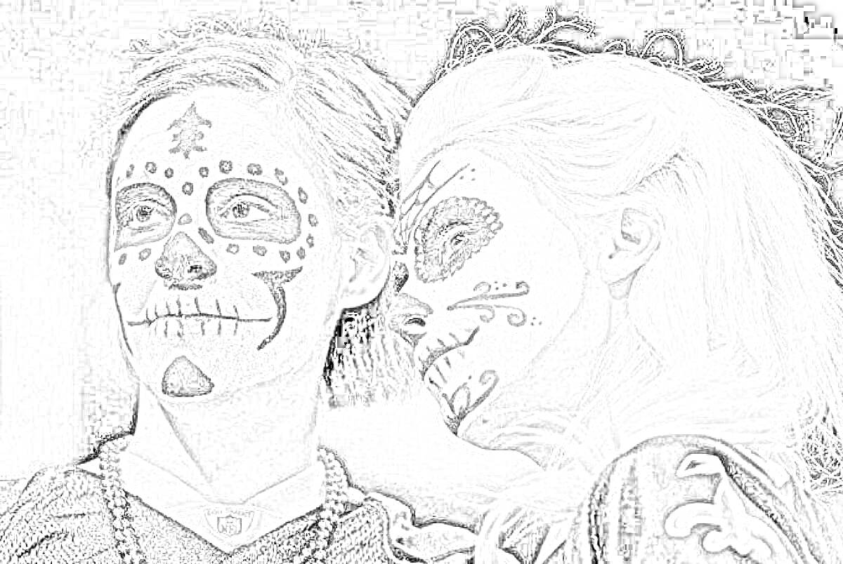 Раскраска Люди с раскрашенными лицами в стиле черепа Сахуаина, наносной макияж, украшение бусами.