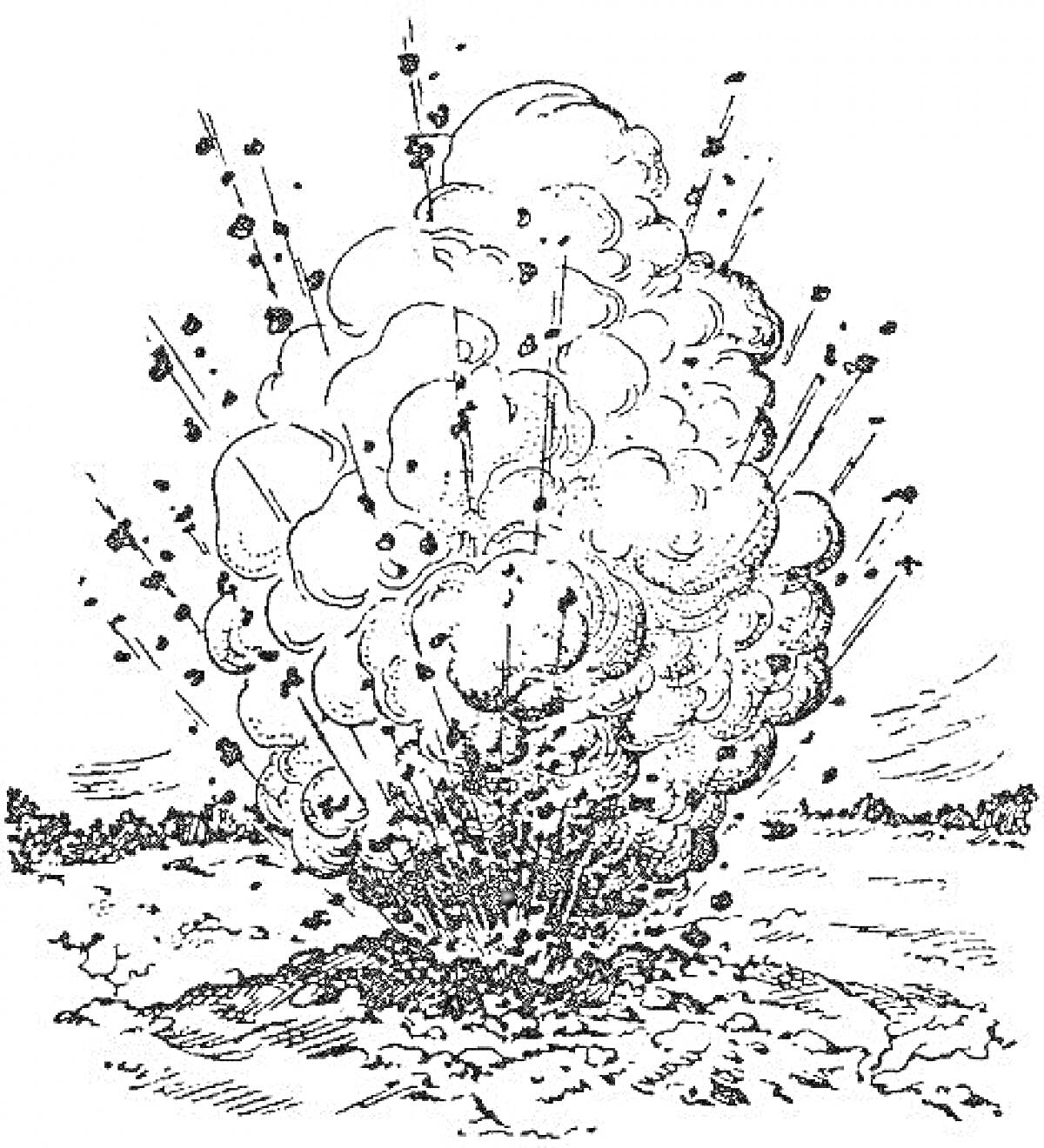 Взрыв на земле с облаком дыма и осколками