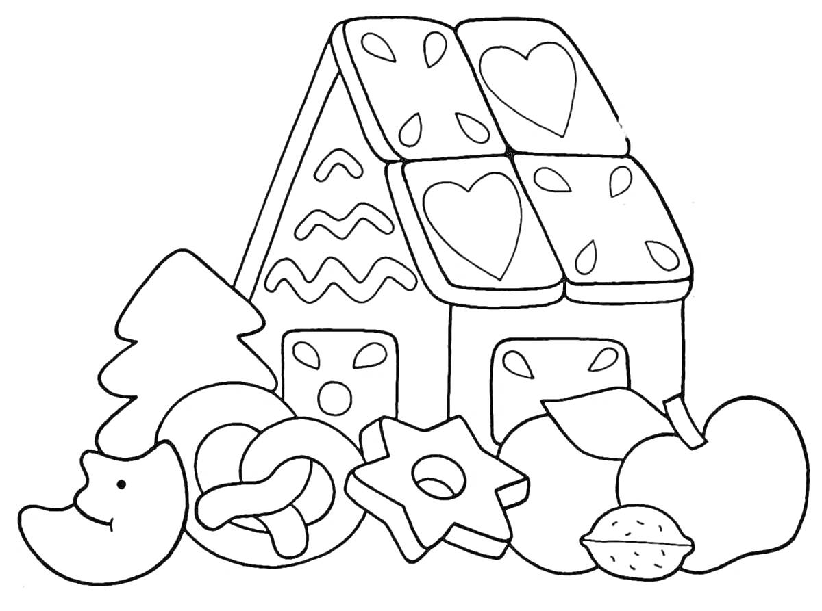 Раскраска Пряничный домик с новогодними сладостями