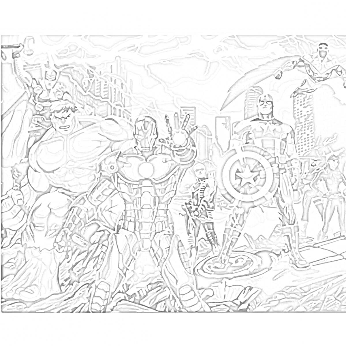 На раскраске изображено: Марвел, Супергерои, Железный человек, Халк, Тор, Капитан америка, Черная вдова, Сокол, Разрушенный город, Комиксы