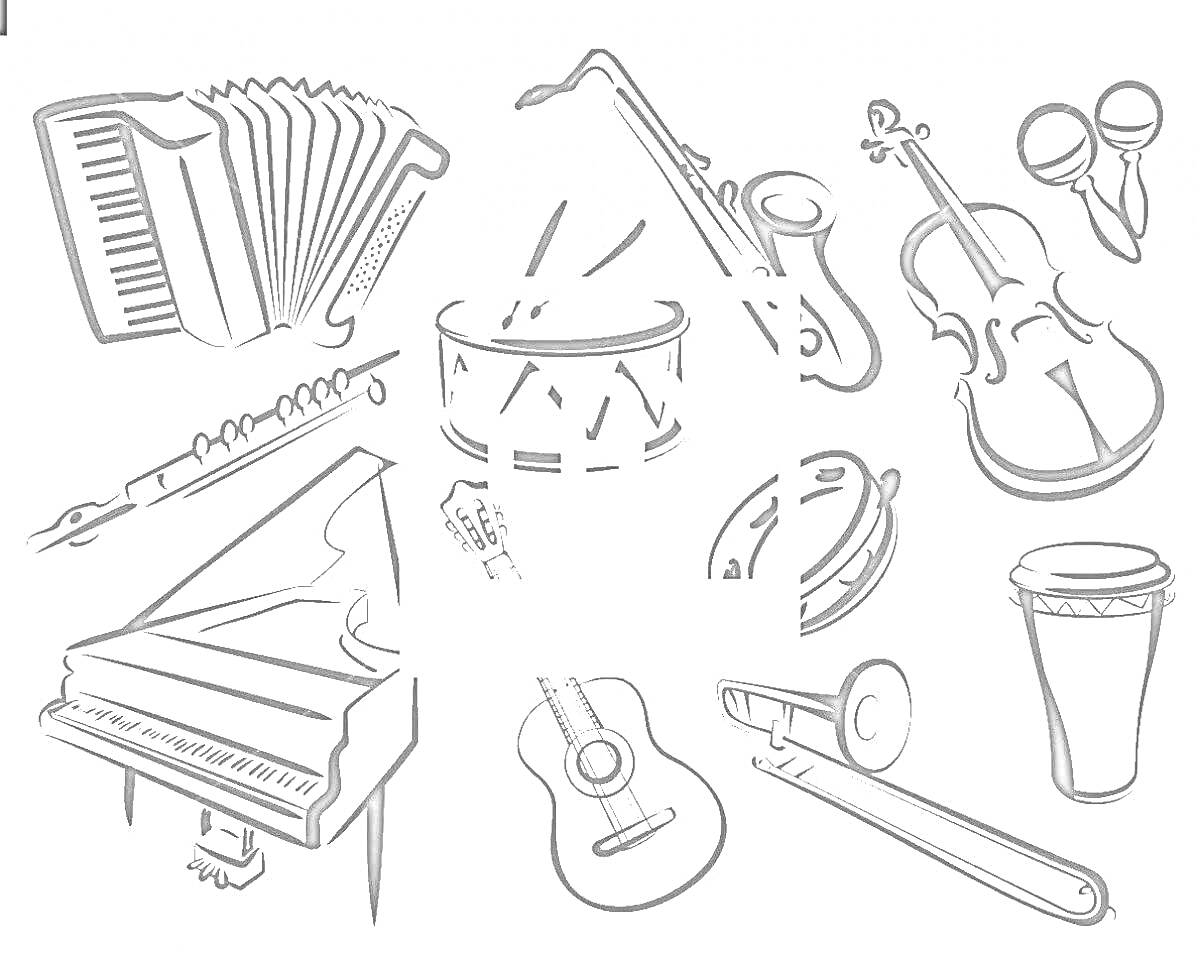 На раскраске изображено: Аккордеон, Барабан, Флейта, Пианино, Гитара, Труба, Виолончель, Свисток, Маракасы