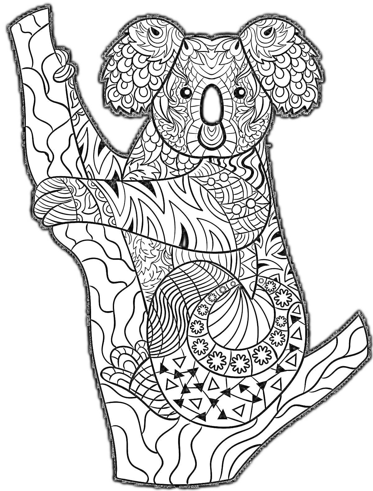 Раскраска Раскраска с коалой на дереве, состоящая из сложных узоров и орнаментов.