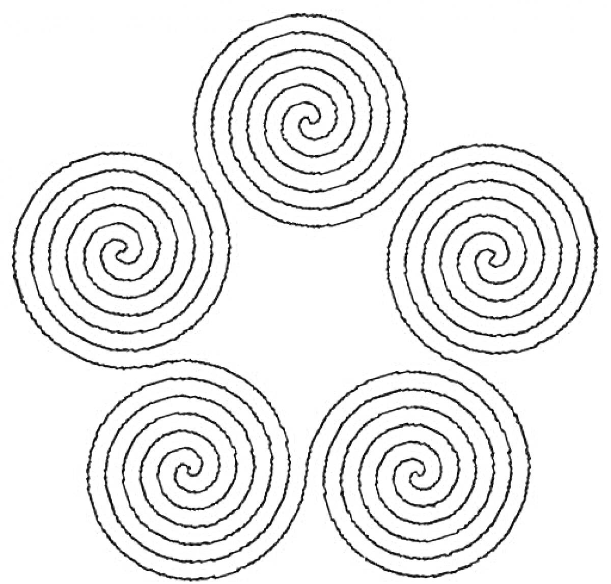 Раскраска пять спиралей, соединенные в центре