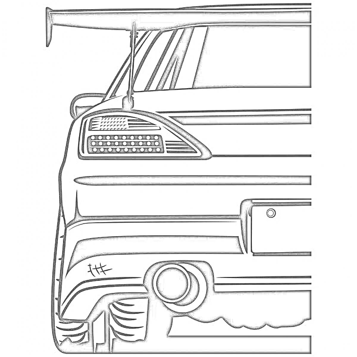 Раскраска Задняя часть JDM автомобиля с аэродинамическим антикрылом, выхлопной трубой и задними фонарями