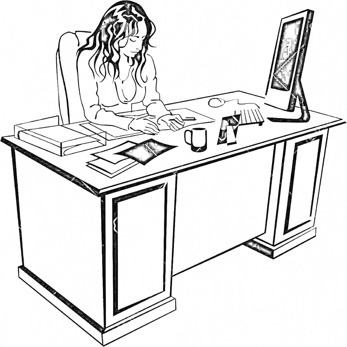 Раскраска Жена за рабочим столом с компьютером, книгами и кружкой