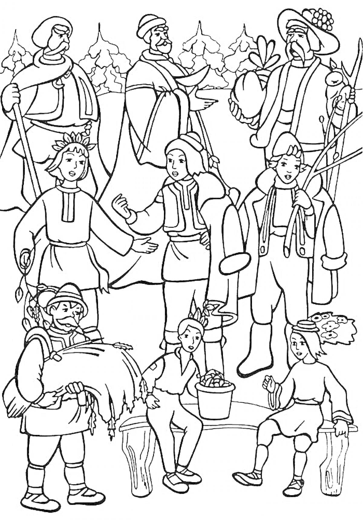 Раскраска Двенадцать месяцев, персонажи, мужчины и женщины в традиционной одежде, деревья на заднем плане, ведра и дрова