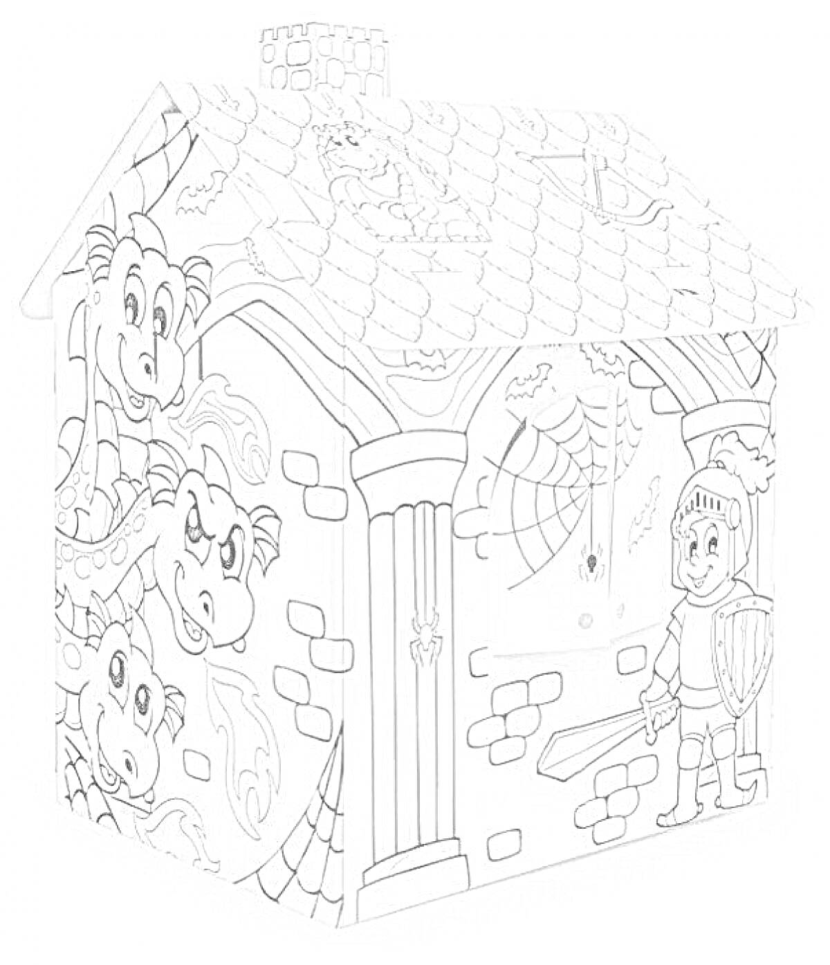 На раскраске изображено: Картонный дом, Паутина, Крыша, Башни, Дракон, Стена, Рыцари