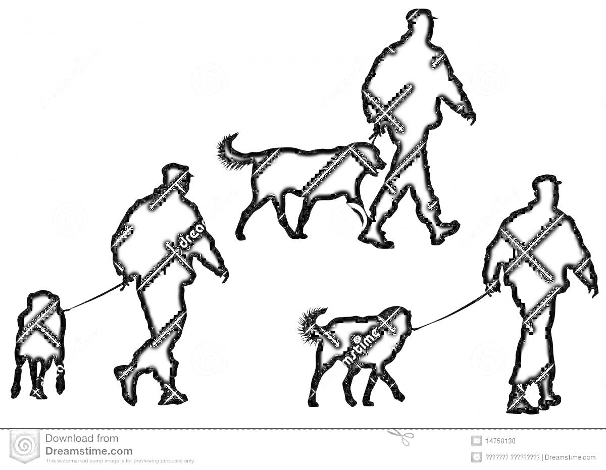 Раскраска Силуэты кинолога с собакой в разных позах