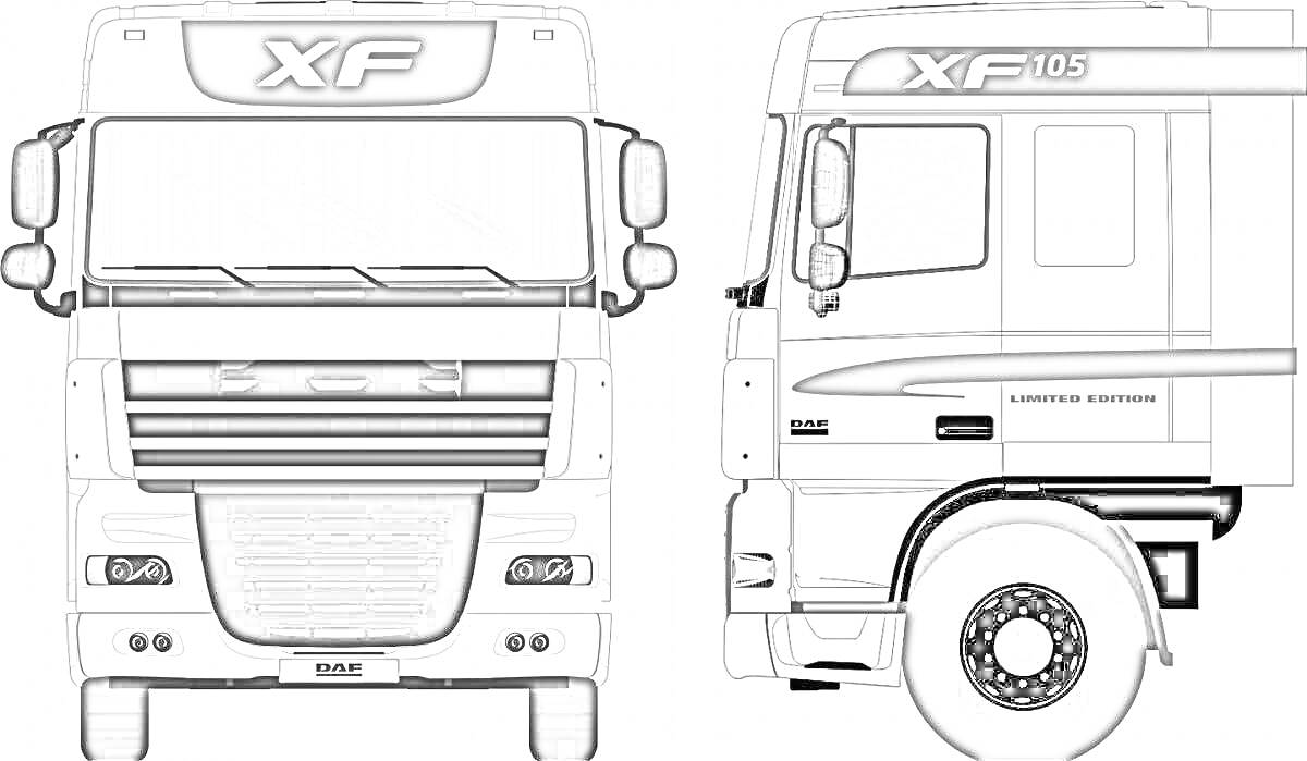 Раскраска Передний и боковой вид грузовика DAF XF105