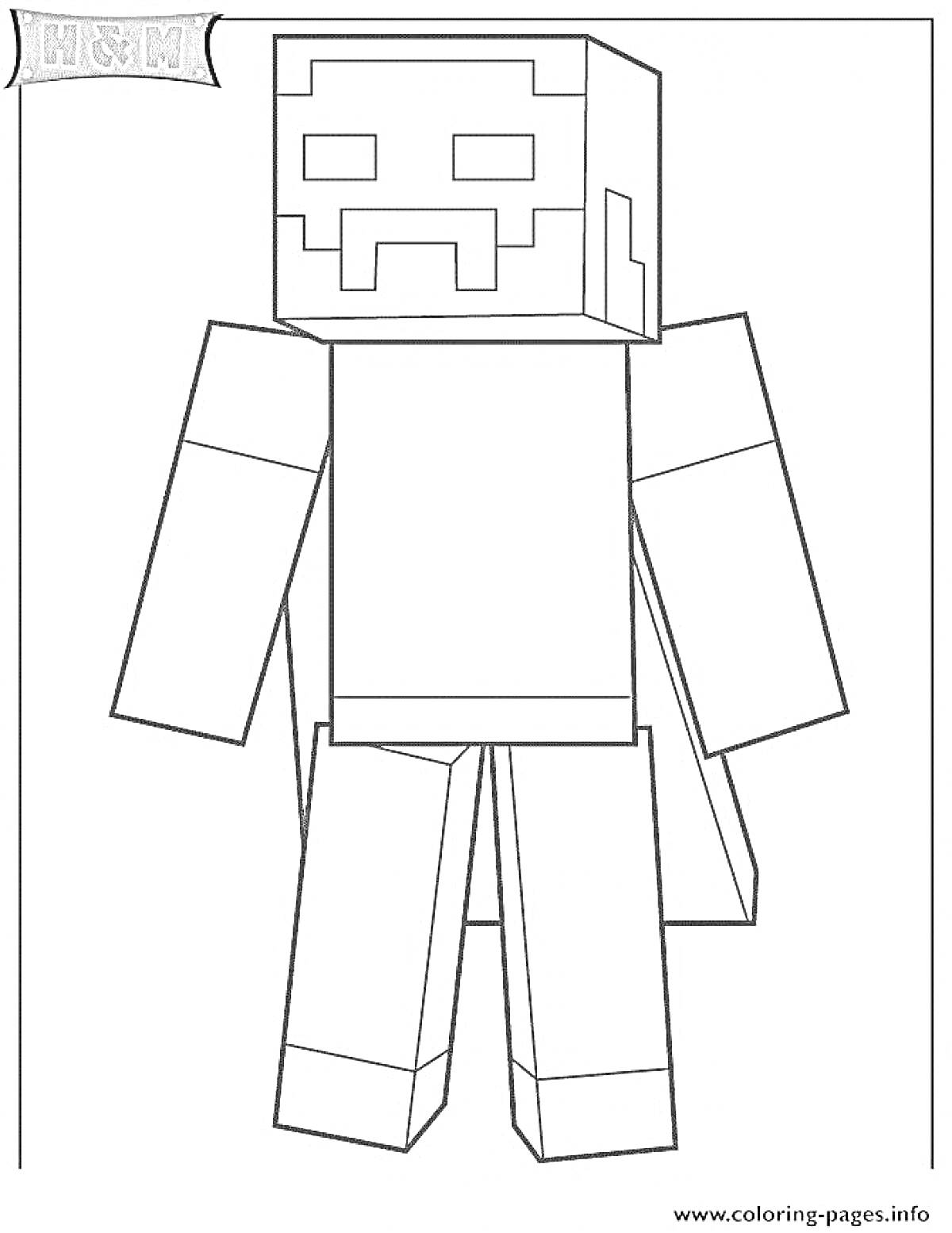 Раскраска Херобрин с прямоугольной головой, прямыми руками и ногами, без деталей одежды, в стилистике Minecraft