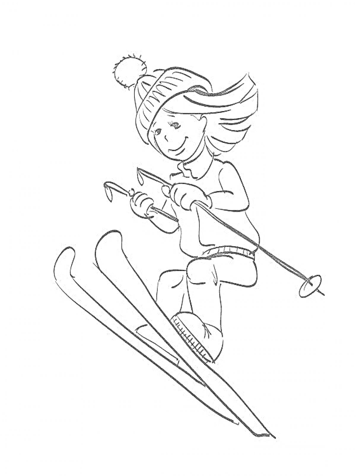 На раскраске изображено: Девочка, Лыжи, Лыжные палки, Шапка, Куртка, Зима, Спорт, Горные лыжи, Снег