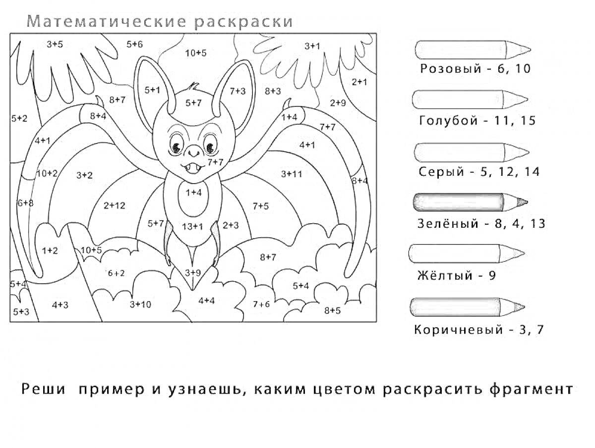 Раскраска Летучая мышь в облаках и деревьях, математическая раскраска по номерам для 1 класса