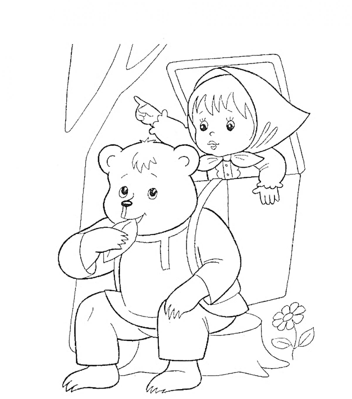 Раскраска Девочка с платком и медвежонок, сидящие рядом с окном, дерево на заднем плане, цветок внизу