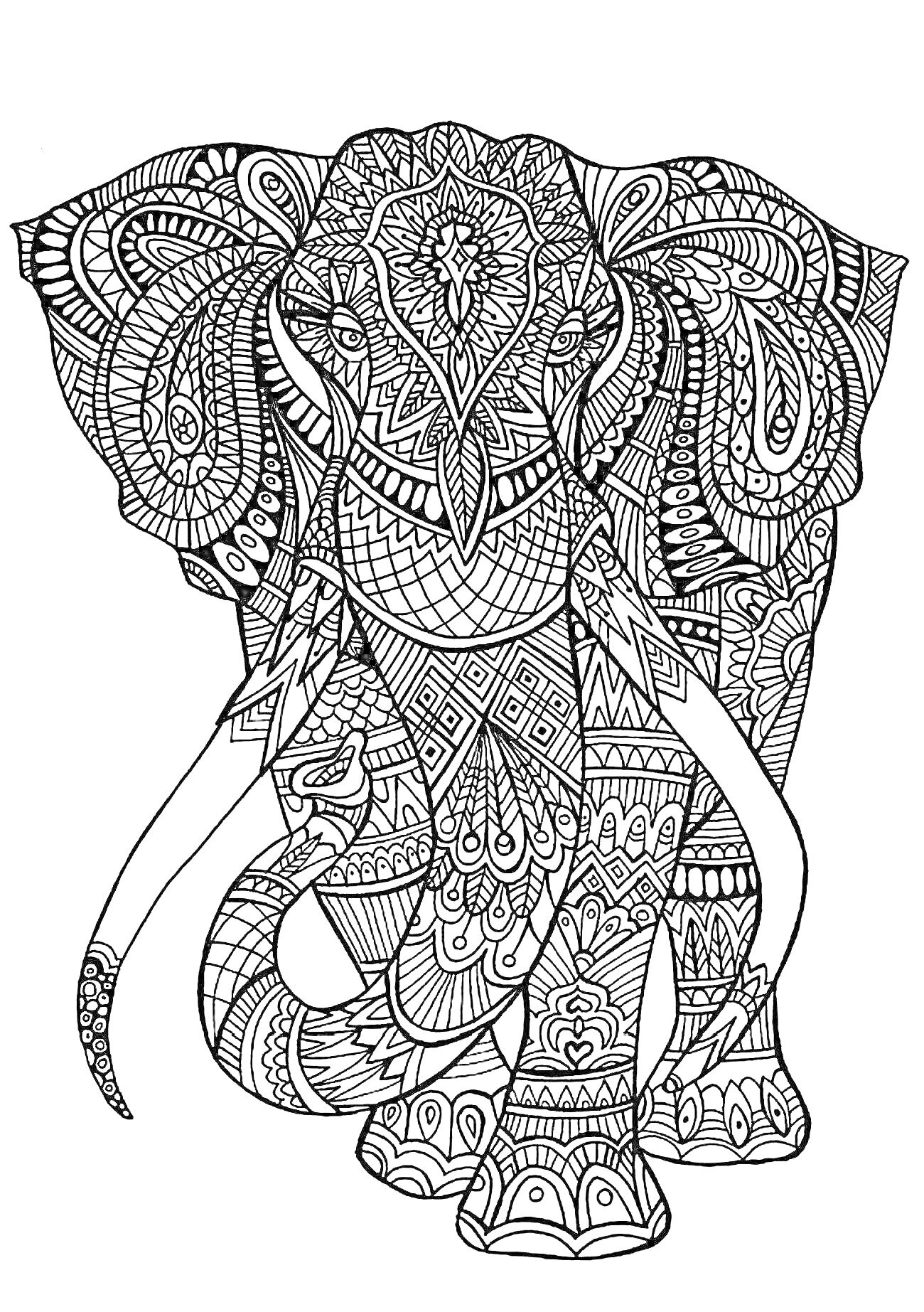 На раскраске изображено: Слон, Декоративные узоры, Антистресс, Контурное изображение, Животные, Орнамент