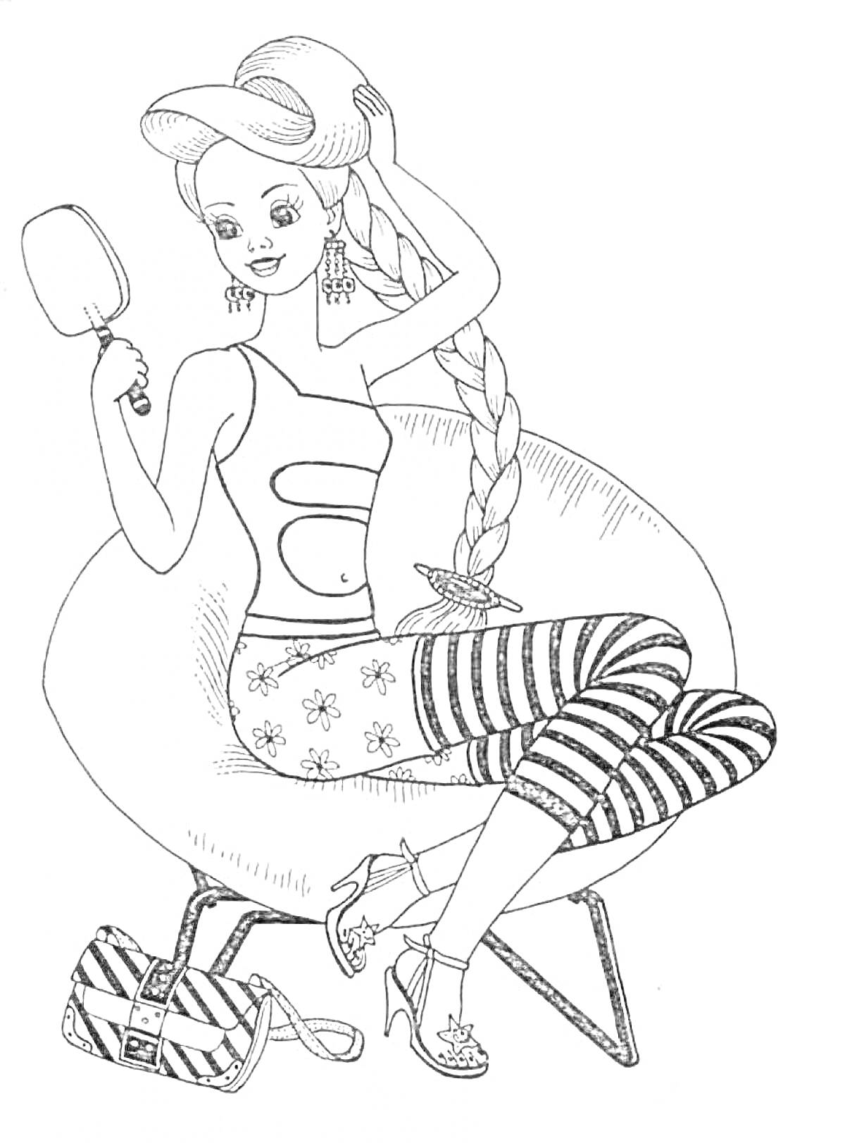 Раскраска Девушка с длинной косой, сидящая в кресле и смотрящаяся в зеркало