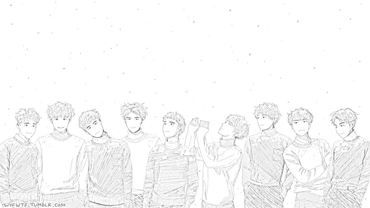 Раскраска Произведение графического искусства с изображением девяти молодых людей в повседневной одежде, некоторые из которых взаимодействуют друг с другом. Изображение выполнено в черно-белом стиле.