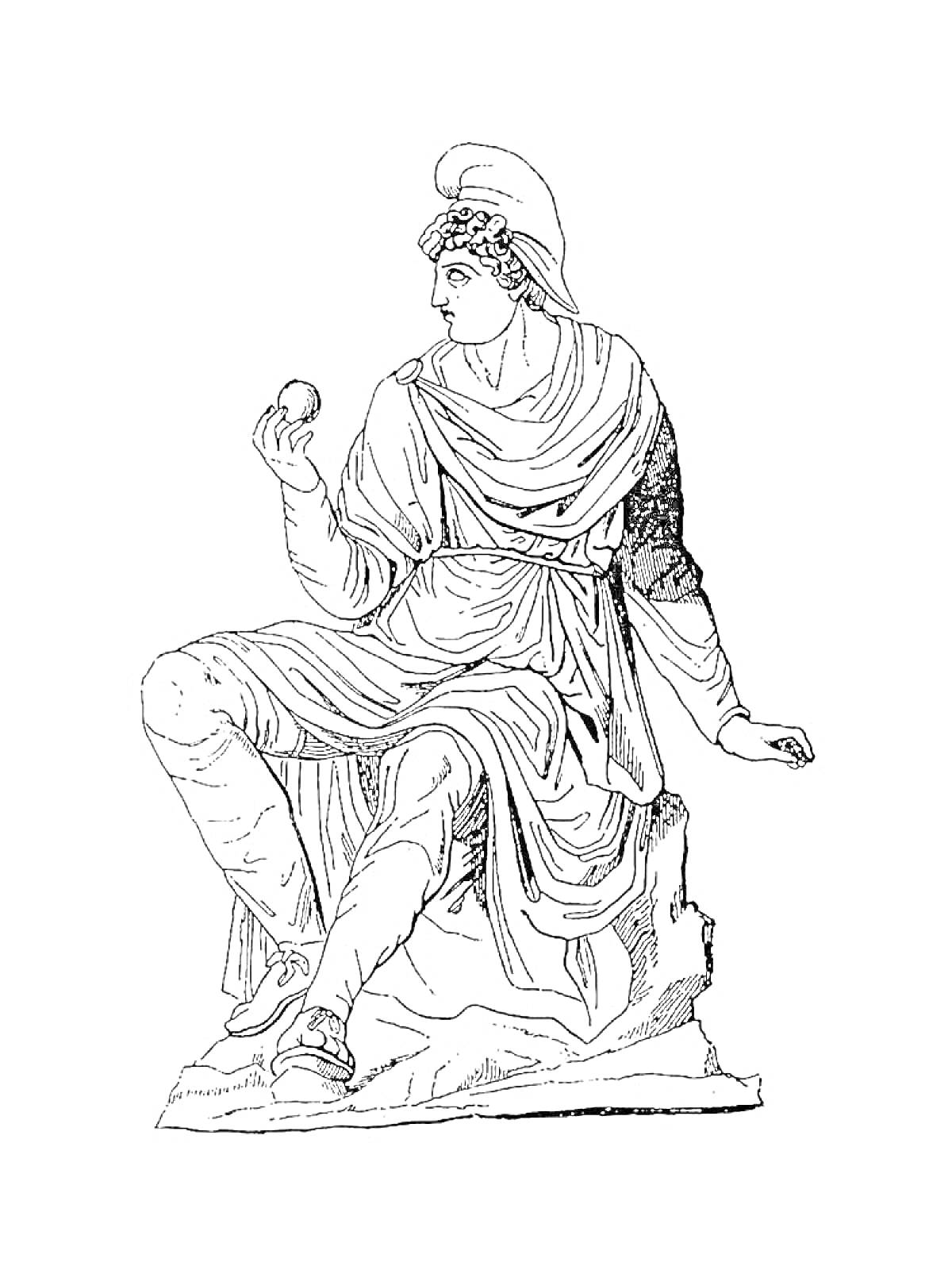Раскраска Божественное существо в древнегреческом одеянии сидит с яблоком в руке