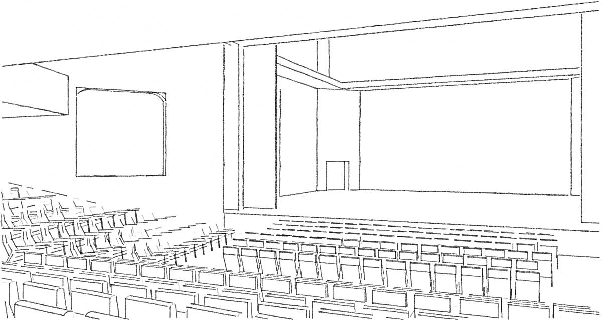 Раскраска Театральный зал с креслами и сценой
