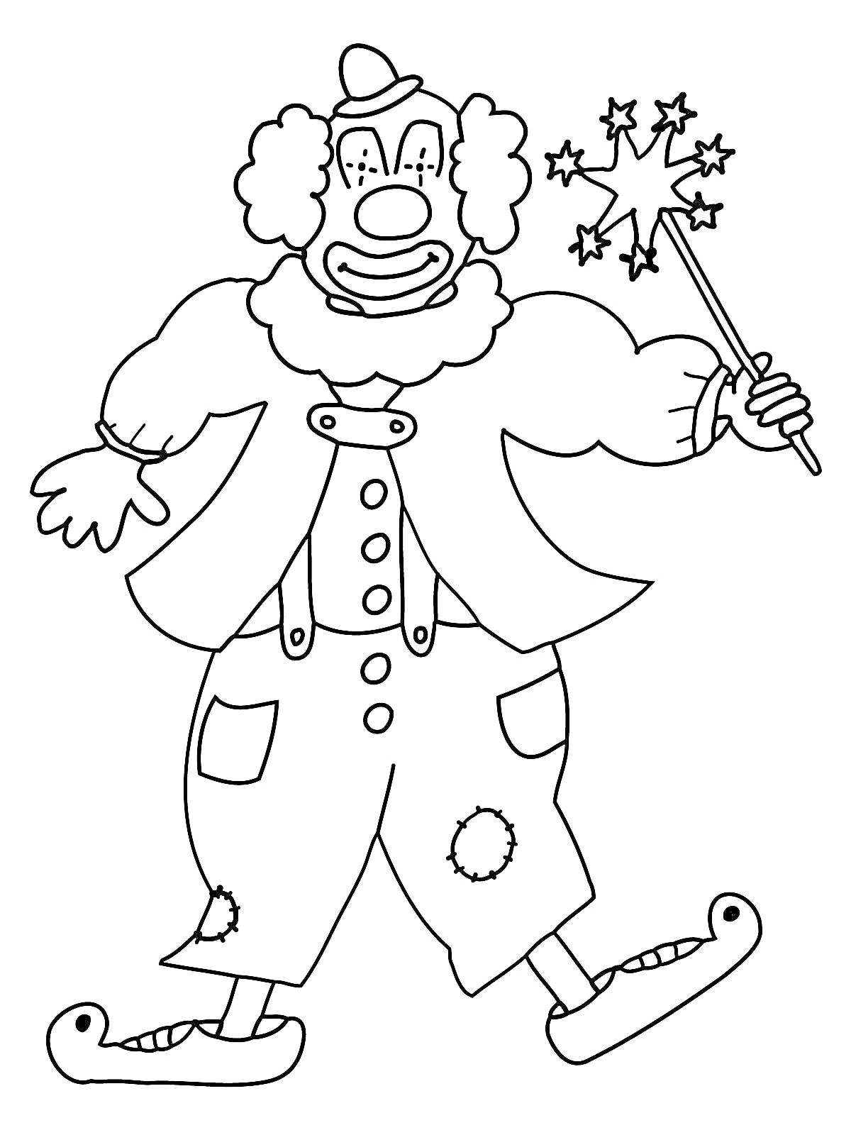 Раскраска Клоун с волшебной палочкой, в пиджаке и брюках с заплатками, в ботинках с носками, с пуговицами на животе, в шапочке и парике с кучерявыми волосами