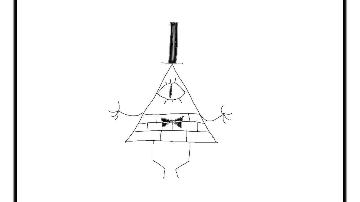 Раскраска Билл Шифр с одним глазом, в цилиндре и с бабочкой, вытянутые руки и схематичные ноги, тело в виде треугольника с узором из кирпичей