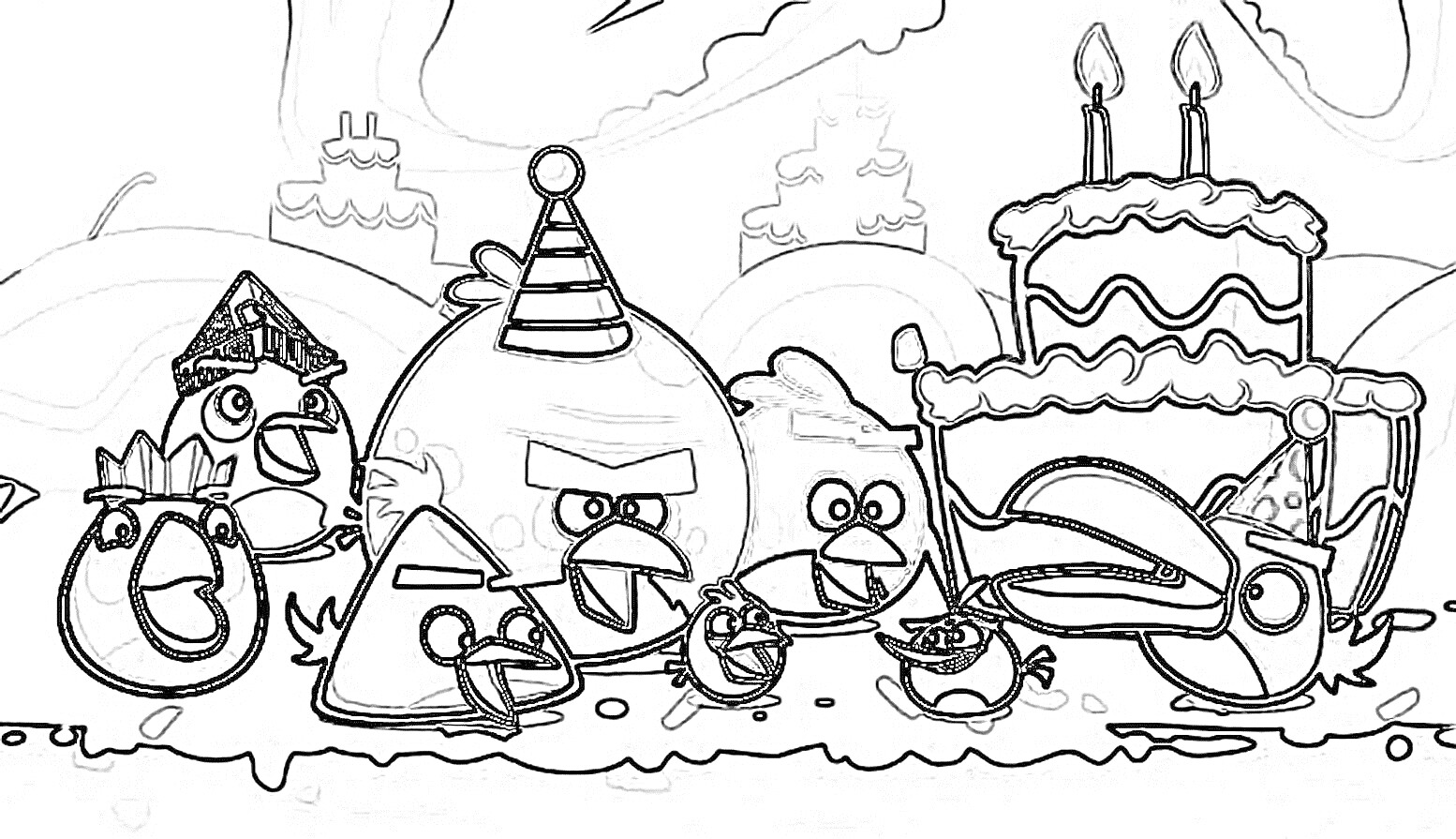 На раскраске изображено: Торт, Свечи, День рождения, Вечеринка, Персонаж, Поздравительная открытка, Праздники, Птица, Энгри бердз