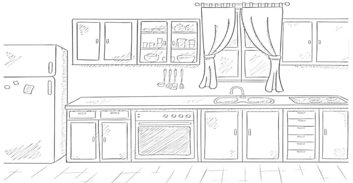Раскраска кухня с холодильником, стенными шкафами, открытой полкой, полками с продуктами и посудой, тремя подвесными полотенцами, двойным окном с занавесями, раковиной, плитой и духовкой, напольными шкафами с ящиками и дверцами