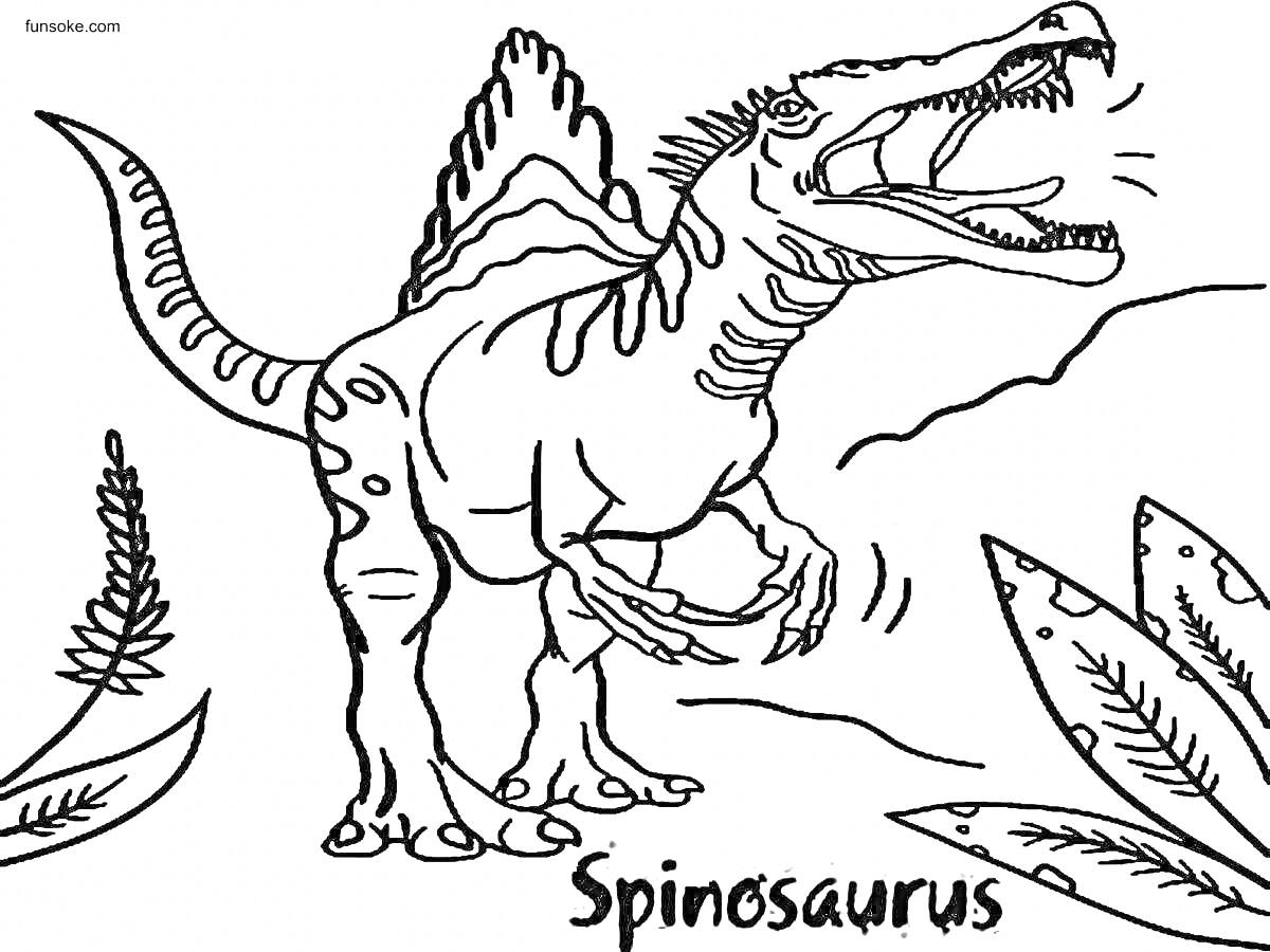 На раскраске изображено: Динозавр, Спинозавр, Животные, Растения, Древние животные, Палеонтология