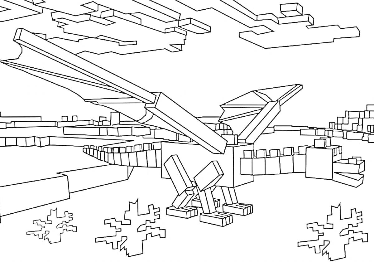 Раскраска Дракон в мире Майнкрафт, парящий над заснеженной землей и кубическими облаками