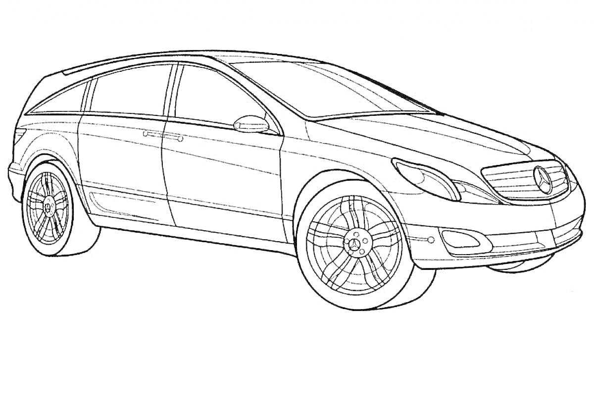 Раскраска Легковой автомобиль Mercedes-Benz с характерной решеткой радиатора и логотипом, пять дверей, легкосплавные диски, крупные колеса