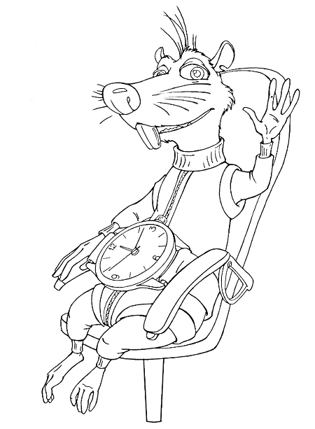 Раскраска Белка и Стрелка, крыса в кресле с часами на поясе