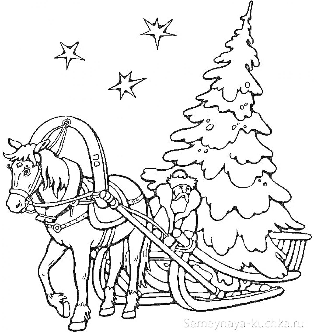 Раскраска Дед Мороз в санях с ёлочкой и лошадью под звездами