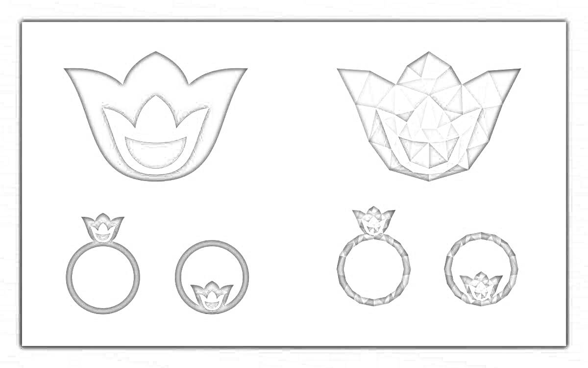 Раскраска Элементы татарского орнамента для фартука - цветок и кольцо. Два вида цветов (обычный и геометрический) и два вида колец с цветами (простое и витое)