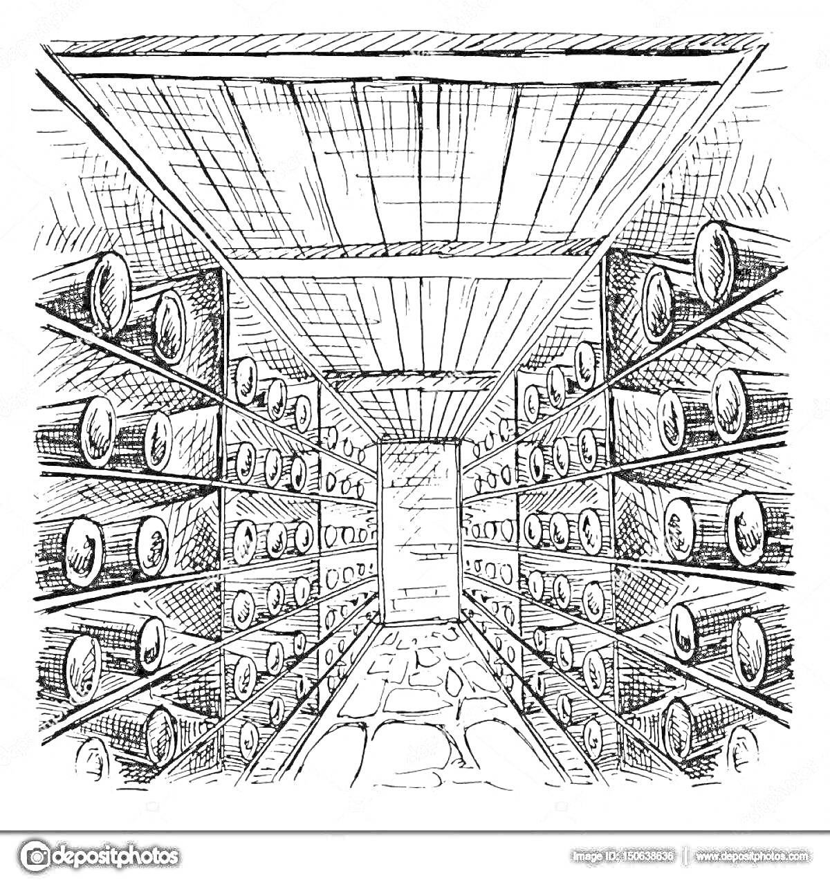 Раскраска Подвал со стеллажами, заполненными бочками
