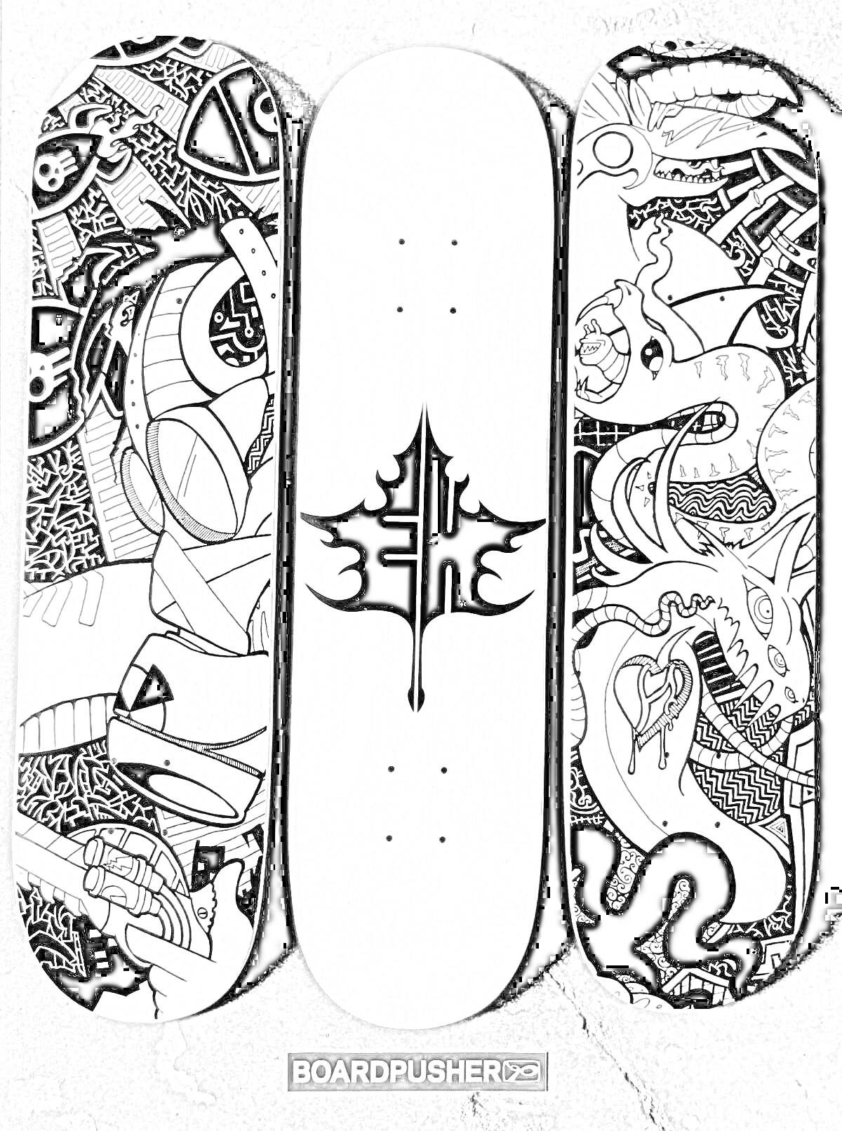 Раскраска Три скейтборда с рисунками (левый: абстрактные формы с лицами роботов, средний: абстрактный лист, правый: змея с цветами и линиями)