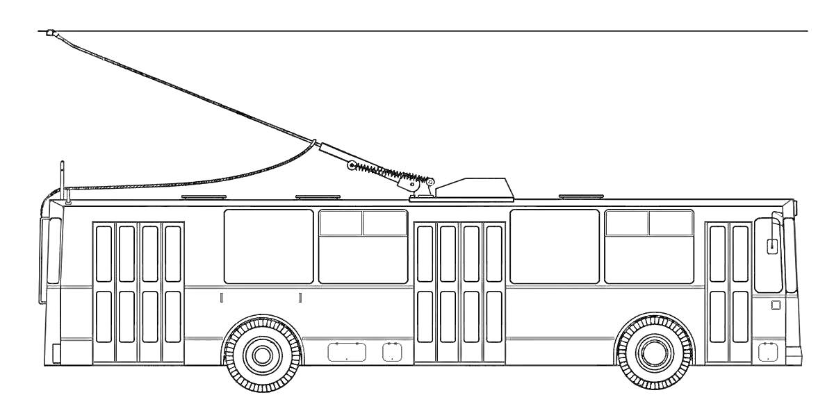 Раскраска Электробус с двумя параллельными дверями и поднятым токоприёмником под контактной сетевой линией