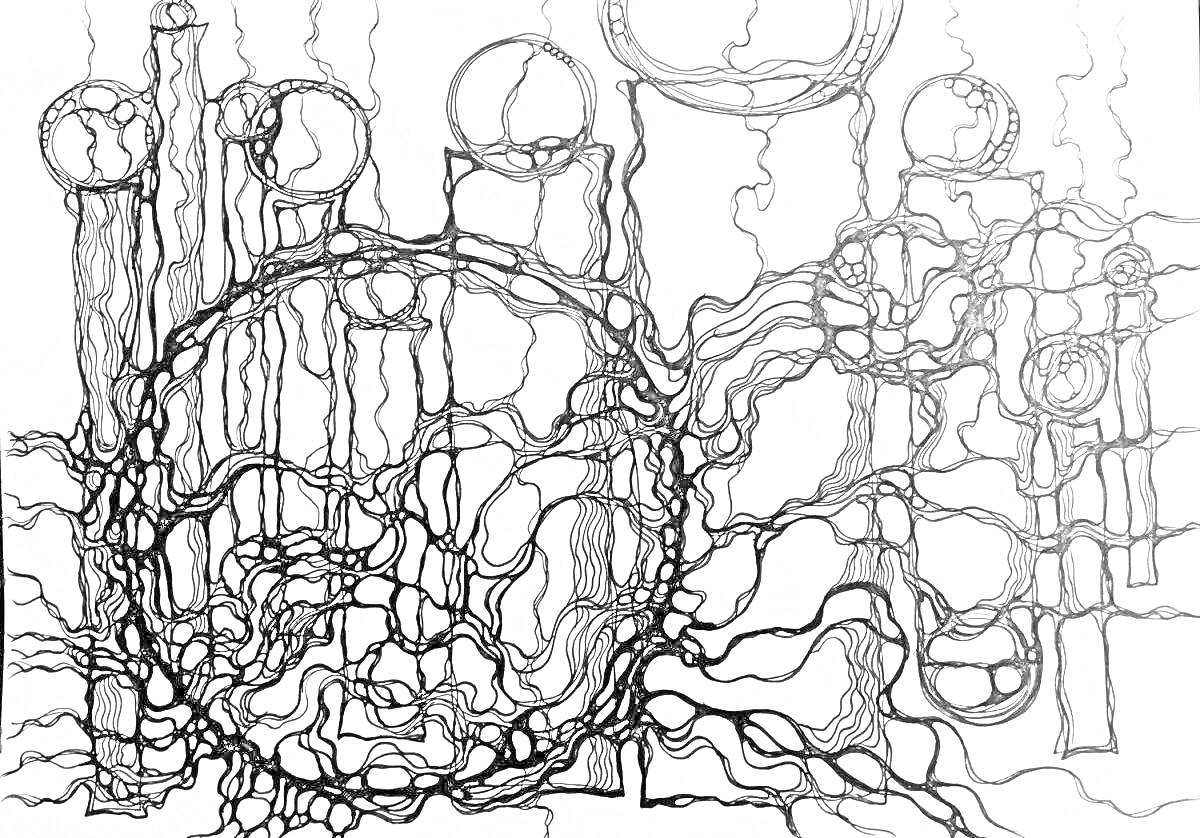 Раскраска Нейрографический рисунок с кругами и переплетенными линиями