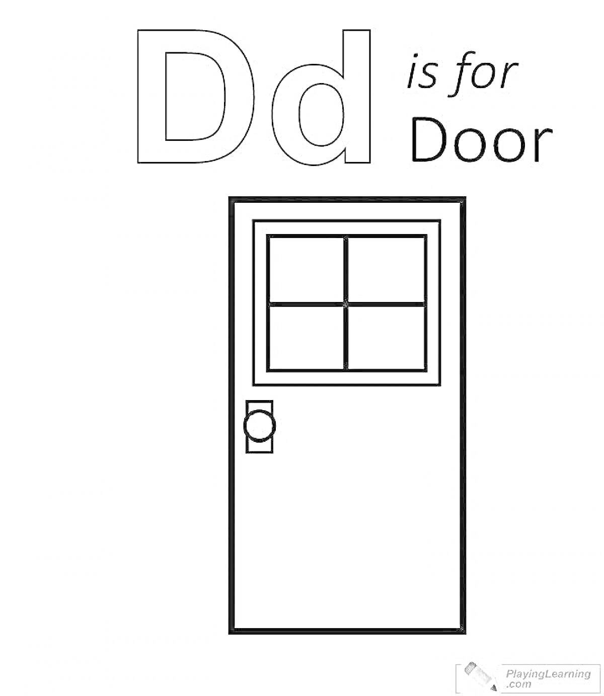 Раскраска Dd is for Door, дверь с маленьким окном в верхней части и ручкой