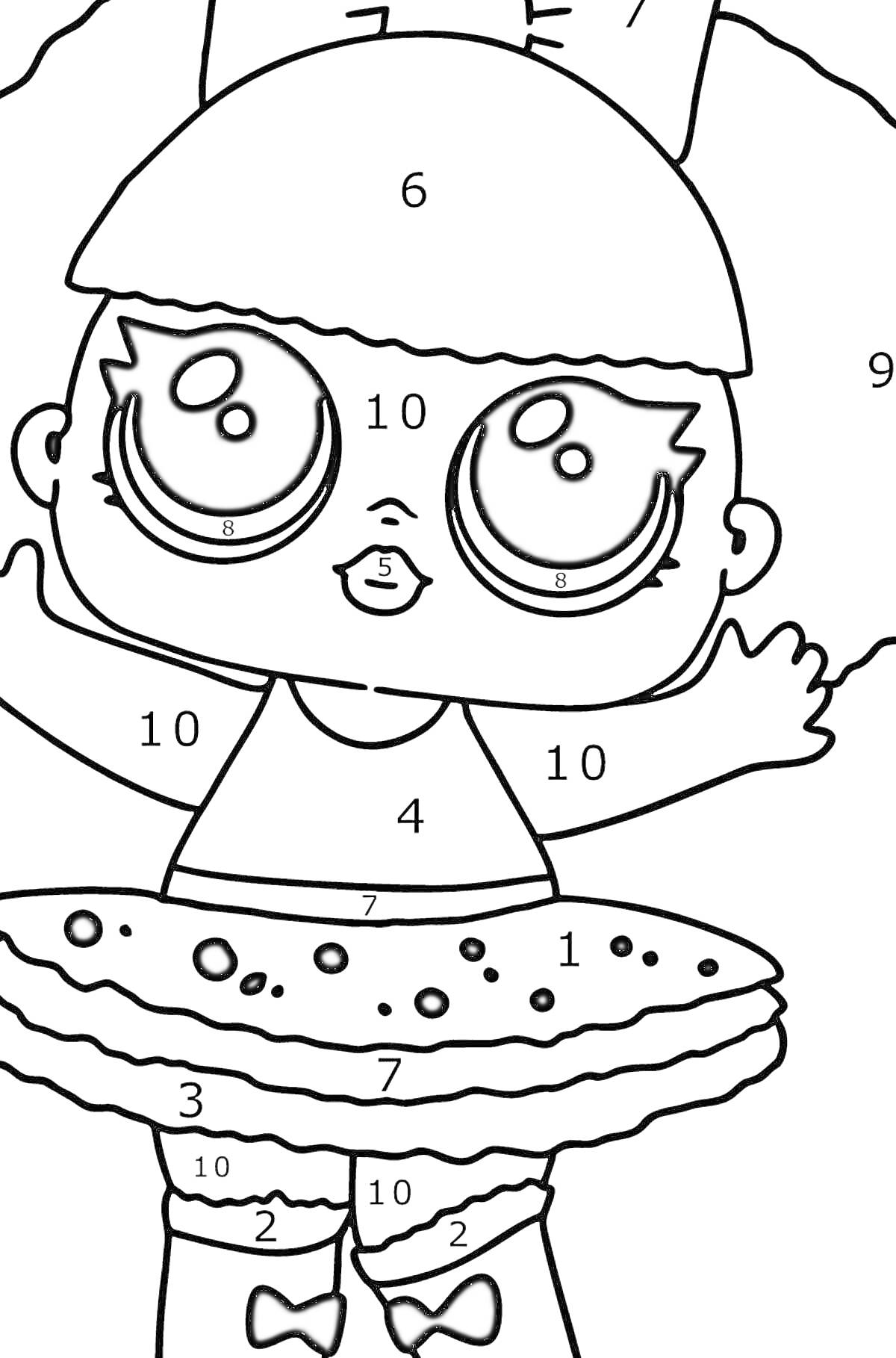 Раскраска Кукла ЛОЛ Дива с пышными волосами, большим бантом, платьем с оборками и туфлями с бантиками.