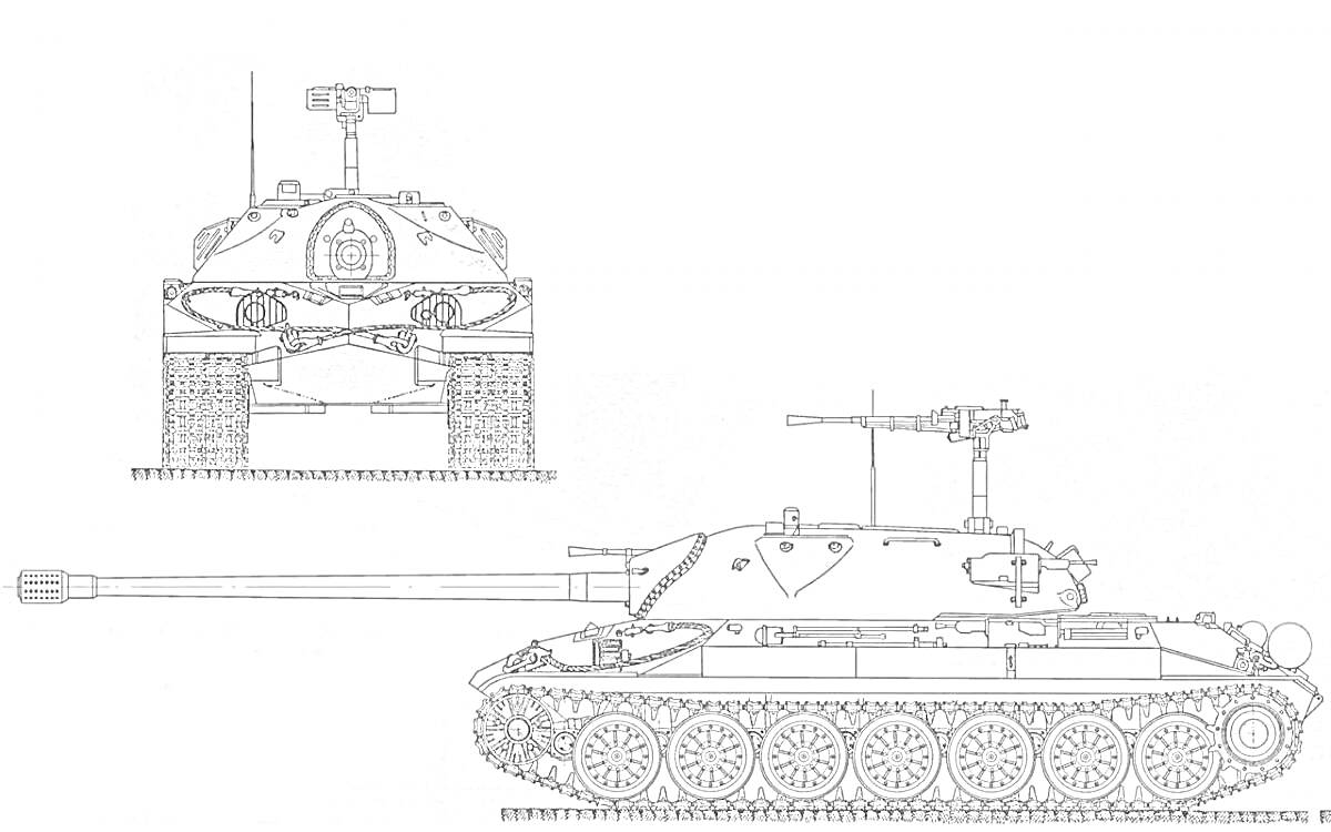 Раскраска Чертеж танка ИС-7, вид спереди и сбоку, с деталями включая длинное орудие, катки, и пушку