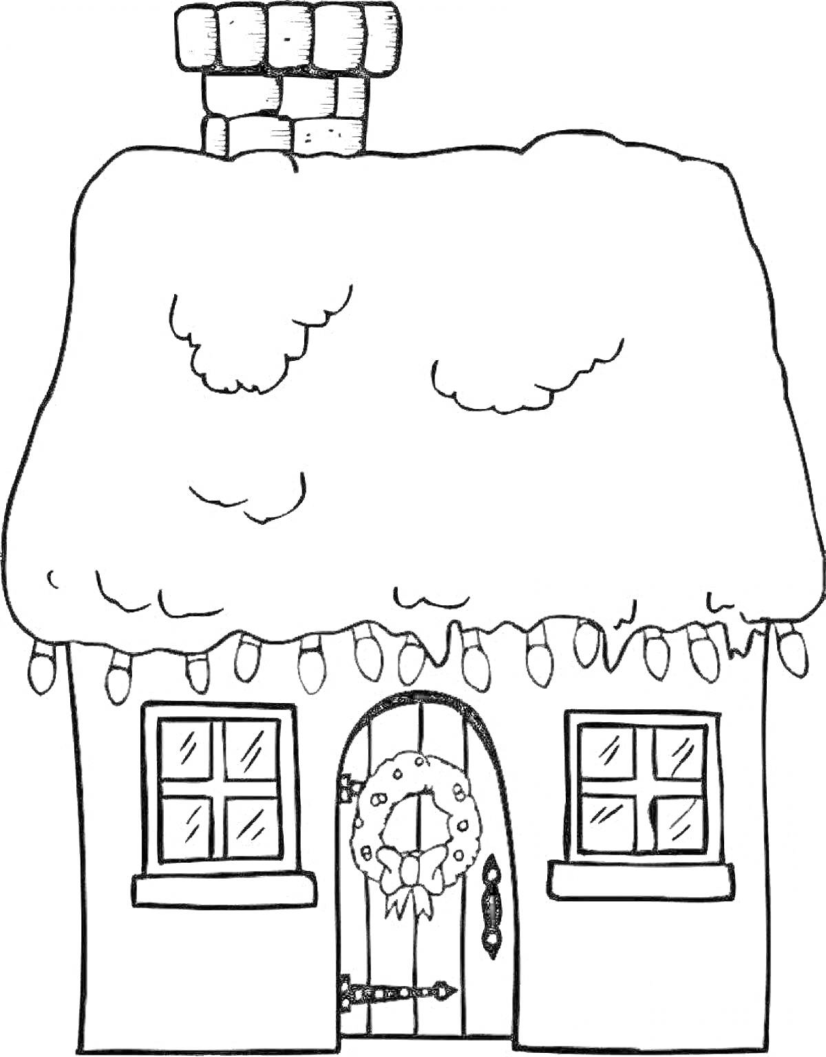 На раскраске изображено: Зима, Рождество, Венок, Гирлянда, Снег, Дом, Дымоход, Окна, Дверь