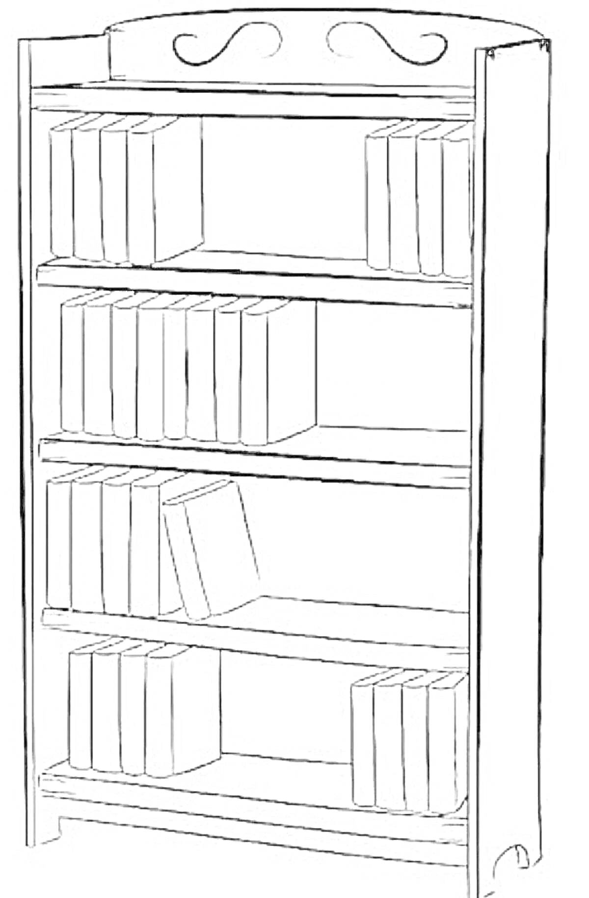Раскраска Книжный шкаф с четырьмя полками, заполненными книгами