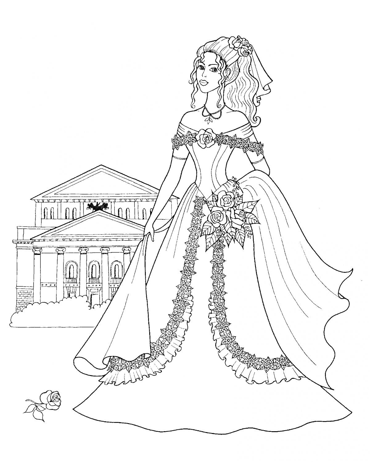На раскраске изображено: Принцесса, Платье, Дворец, Женский персонаж, Цветы