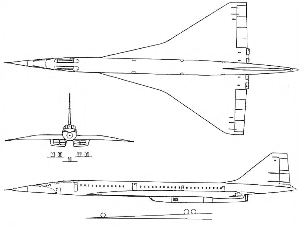 На раскраске изображено: Авиация, Ту-144, Схема, Транспорт