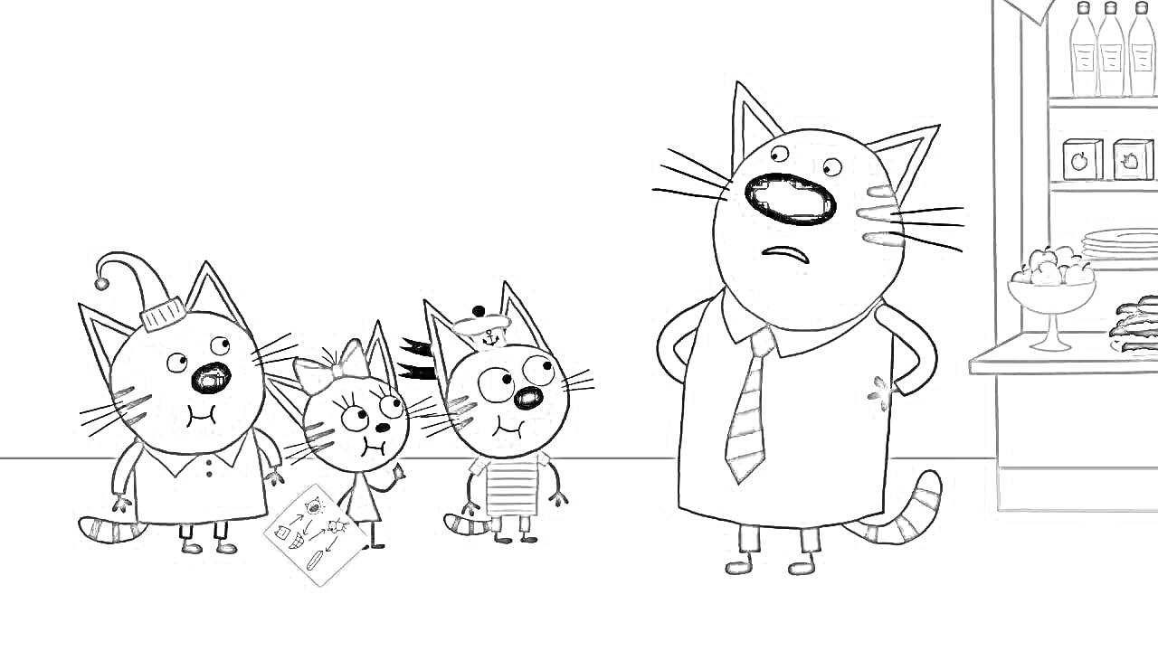 Раскраска Три кота и взрослый кот у прилавка с товарами