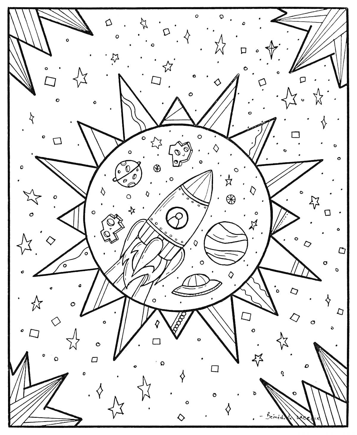 На раскраске изображено: Вселенная, Звезды, Планеты, Ракета, НЛО, Астероиды, Космос, Магия, Фантастика