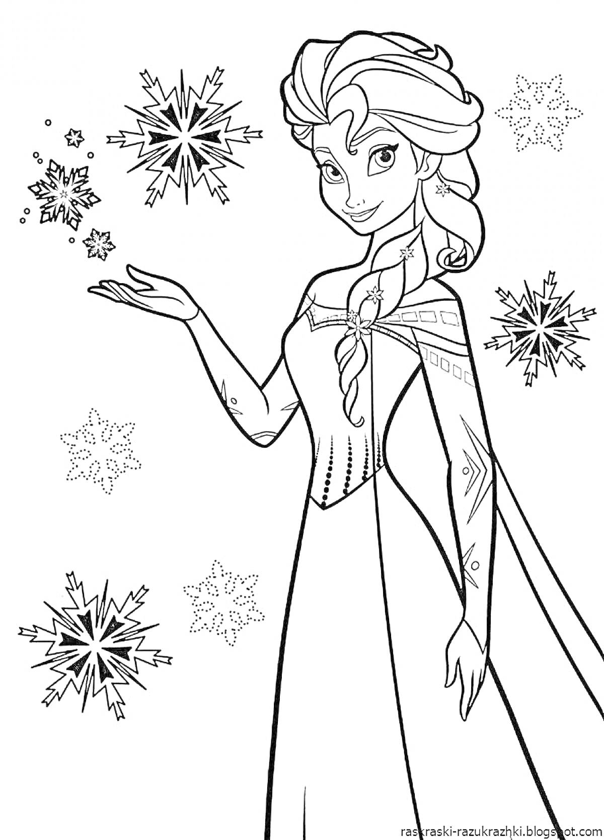 Раскраска Эльза в длинном платье с летящими снежинками