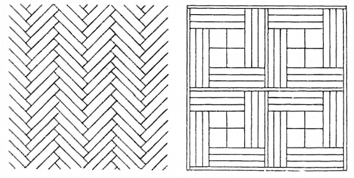 Раскраска левая половина - планка укладка елочкой, правая половина - планка укладка квадратными узорами