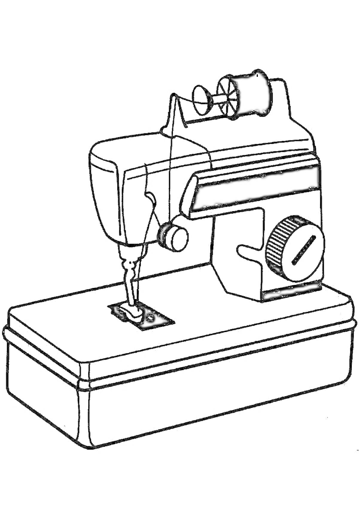 Раскраска Швейная машина с катушкой, игольной пластиной и регулятором натяжения
