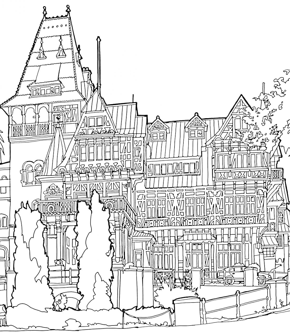 Раскраска Детализированный исторический городской дом с множеством окон, башнями и зелеными насаждениями